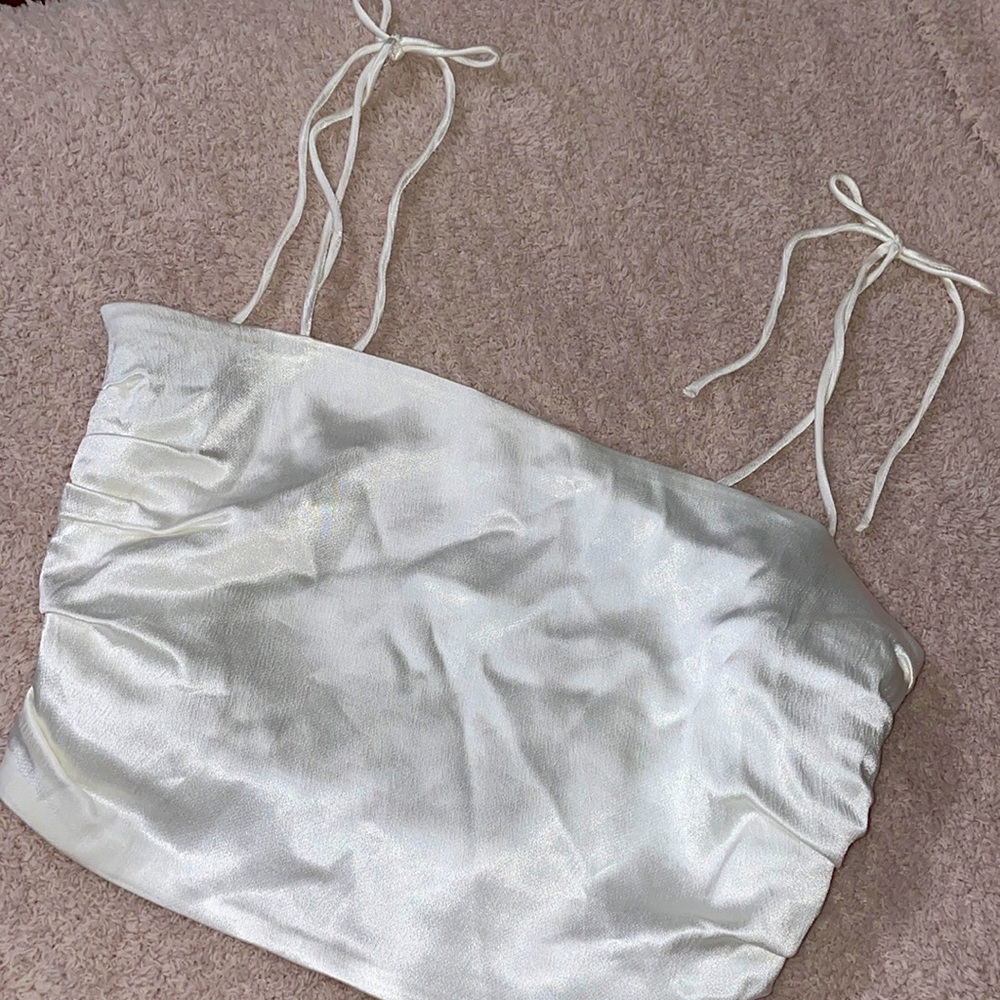 zara white satin spaghetti strap crop top / small